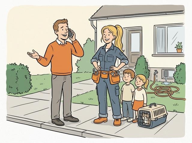 Familie steht ruhig und vollzählig auf dem Gehweg vor dem Haus, der Vater telefoniert mit dem Notdienst, und die Katze sitzt sicher im Transportkorb – alle wirken erleichtert.