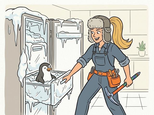 Ein Mann zieht mit Expeditionsmütze und Eispickel-Attrappe aus Plastik eine Schublade aus dem völlig vereisten Gefrierschrank, darin sitzt ein freundlicher Pinguin.
