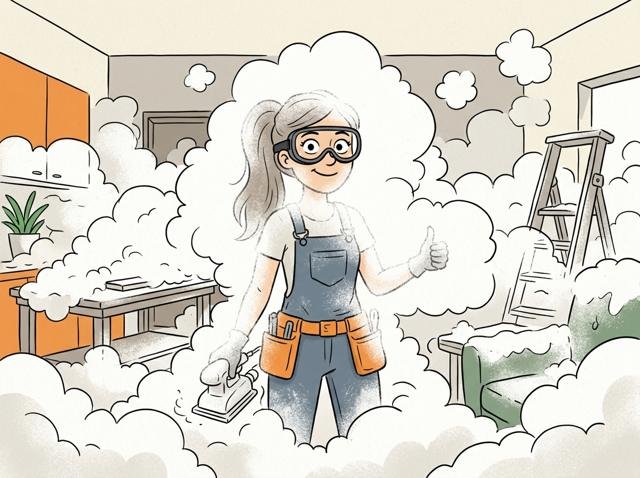 Heimwerker steht nach dem Schleifen im Raum, der so voll weißem Staub ist, dass nur noch seine Brille aus der Wolke herausschaut.