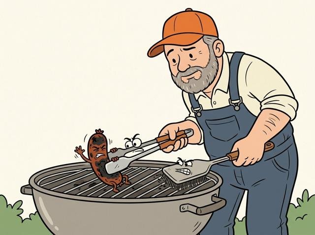 Eine Grillzange und eine Bürste ringen mit einem verkohlten Würstchenrest, der sich mit allen Kräften am Rost festhält.