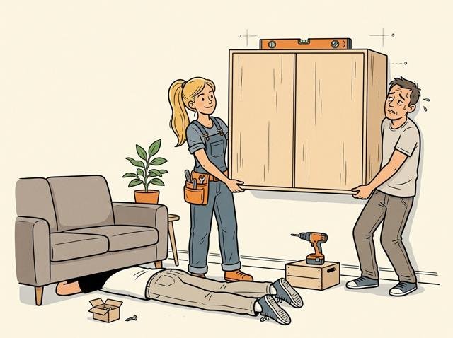 Zwei Leute halten einen Hängeschrank an die Wand, der dritte sucht seit zehn Minuten unter dem Sofa die eine Schraube, die gerade gefehlt hat.