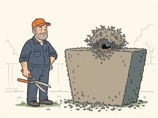 Heimwerker hat eine Hecke mit viel Liebe als Trapez geschnitten und tritt zurück – in der Mitte guckt eine Amsel aus ihrem Nest und hat sich ein kleines Dach stehen lassen.