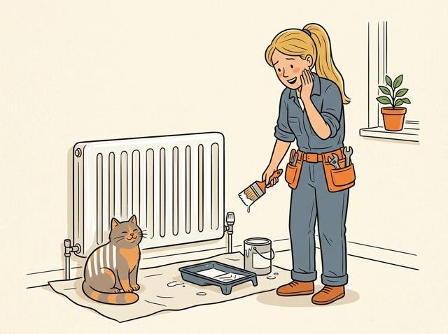 Heimwerker hat den Heizkörper perfekt lackiert, nur die Katze, die sich währenddessen davor gewärmt hat, trägt jetzt ein paar weiße Streifen.