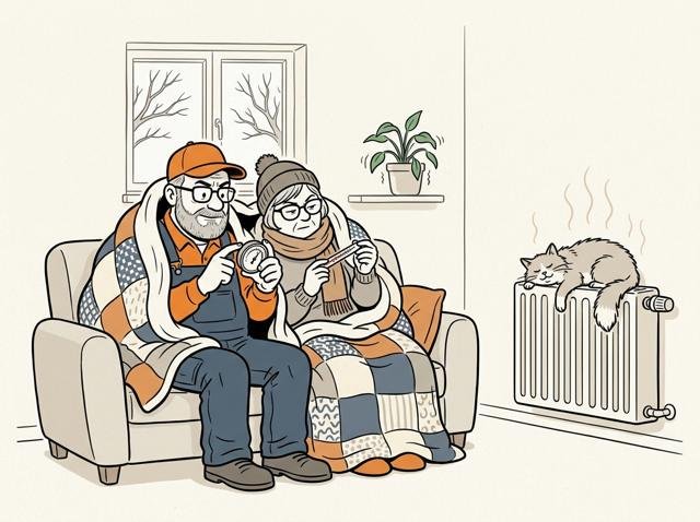 Paar sitzt eingemummelt auf dem Sofa mit Thermometer und Hygrometer in der Hand wie Wissenschaftler, während die Katze gemütlich auf dem einzigen warmen Heizkörper liegt.