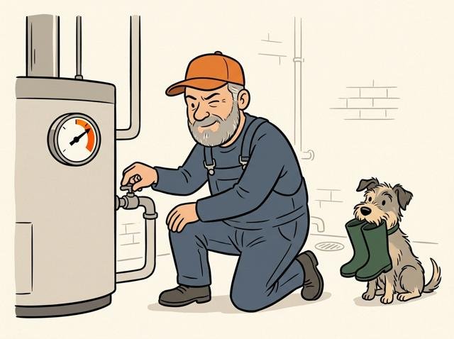 Heimwerker füllt konzentriert Wasser nach, während der Zeiger am Manometer fröhlich ins Rote wandert und der Hund schon mal die Gummistiefel bringt.