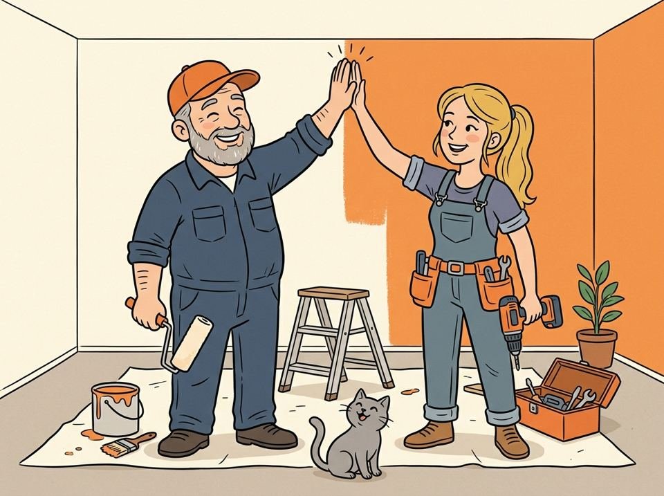 Heimwerker und Heimwerkerin geben sich vor einer halb gestrichenen Wand ein High-five