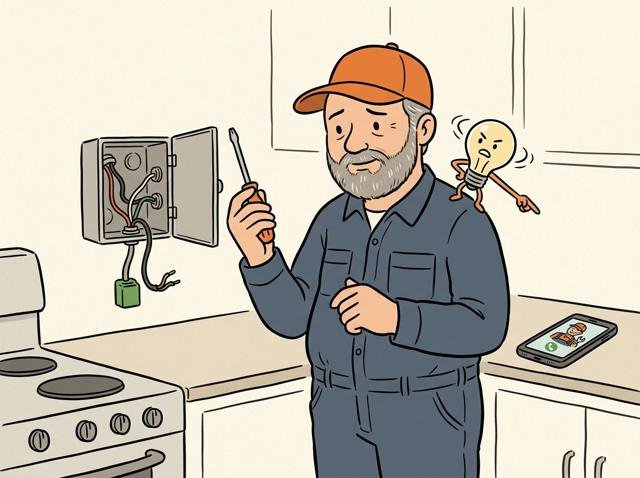 Heimwerker steht mit Schraubendreher vor der Herdanschlussdose, während eine kleine Glühbirne auf seiner Schulter energisch den Kopf schüttelt und auf das Telefon des Elektrikers zeigt.