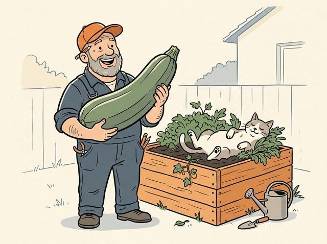 Heimwerker hat ein wunderschönes Hochbeet gebaut und erntet im Stehen strahlend eine Riesenzucchini – daneben liegt die Katze auf der Erde im Beet und hält es offensichtlich für ihr neues Luxusbett.