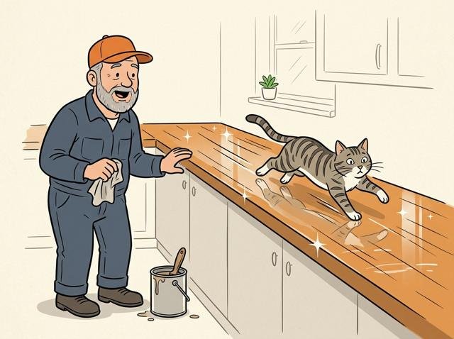 Frisch geölte Arbeitsplatte glänzt so stark, dass die Katze darauf landet und wie auf einer Eisbahn elegant ans andere Ende rutscht.