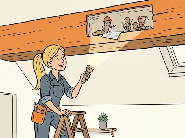 Ein kleiner Holzwurm mit Helm und Bauplan sitzt im Balken und zeigt seinen Kollegen stolz, welche Gänge sie als Nächstes graben wollen, während unten eine Taschenlampe naht.