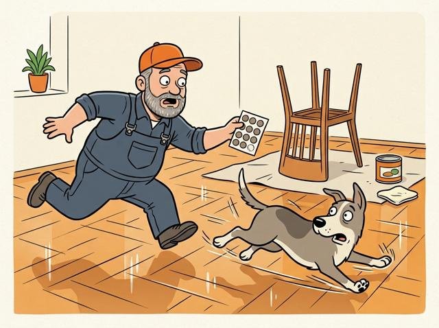 Ein Hund schlittert mit allen vier Pfoten über frisch gepflegtes Parkett, während der Besitzer mit Filzgleitern in der Hand hinterherläuft.