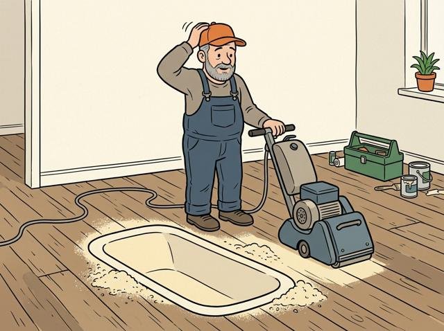 Heimwerker hält den Walzenschleifer kurz zu lang an einer Stelle, und vor ihm ist eine perfekte kleine Badewanne in den Dielenboden geschliffen.