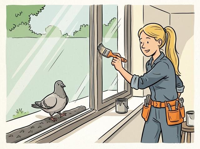 Heimwerker streicht den Fensterrahmen innen sorgfältig, während draußen eine Taube interessiert die frische Kittfase als Landebahn ausprobiert.