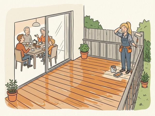 Heimwerker hat sich beim Ölen in die hinterste Terrassenecke gearbeitet und steht nun ratlos auf der letzten trockenen Diele, während die Familie drinnen hinter der Scheibe Kaffee trinkt.