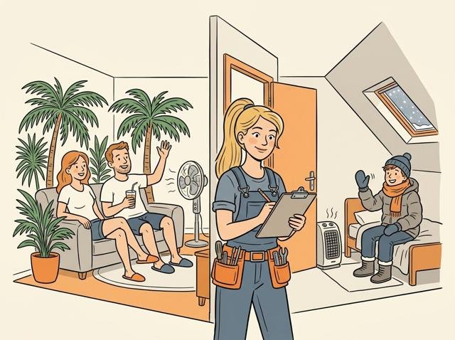 Im Wohnzimmer sitzt die Familie im T-Shirt unter Palmen, im Dachzimmer nebenan trägt der Sohn Mütze und Schal – und beide winken sich durch die offene Tür zu.