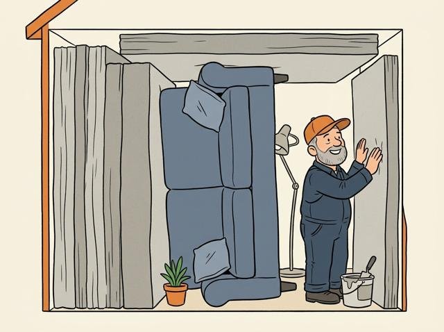 Heimwerker klebt stolz die letzte Dämmplatte an, und das Zimmer ist dabei so geschrumpft, dass das Sofa nur noch hochkant hineinpasst.