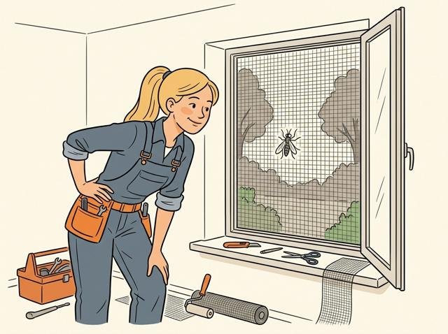 Heimwerker hat das Fliegengitter perfekt montiert und entdeckt eine einzelne Mücke, die innen vor dem Gitter sitzt und offensichtlich hinaus möchte.