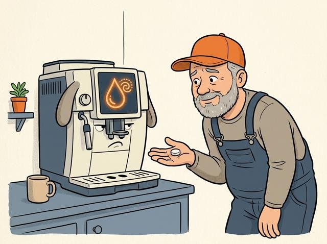 Der Kaffeevollautomat zeigt ein riesiges, leuchtendes Entkalkungssymbol, während sein Besitzer ihm wie einem schmollenden Haustier ein Leckerli in Form einer Entkalkertablette anbietet.