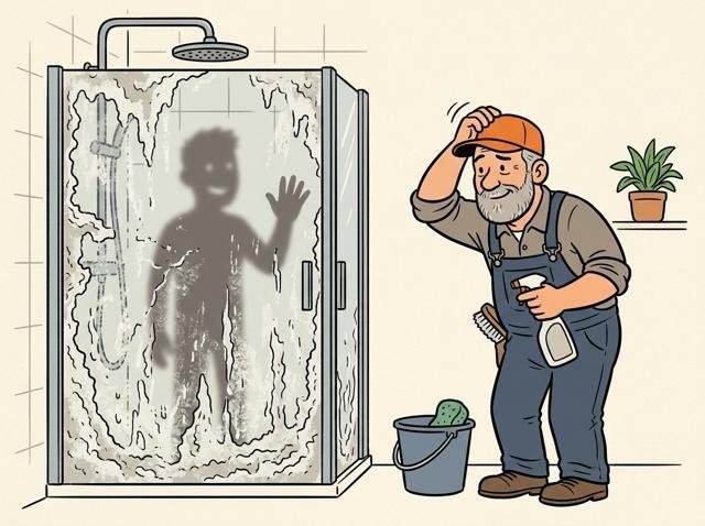 Eine Duschwand ist so verkalkt, dass die Person dahinter nur noch als verschwommene Milchglas-Silhouette winkt.