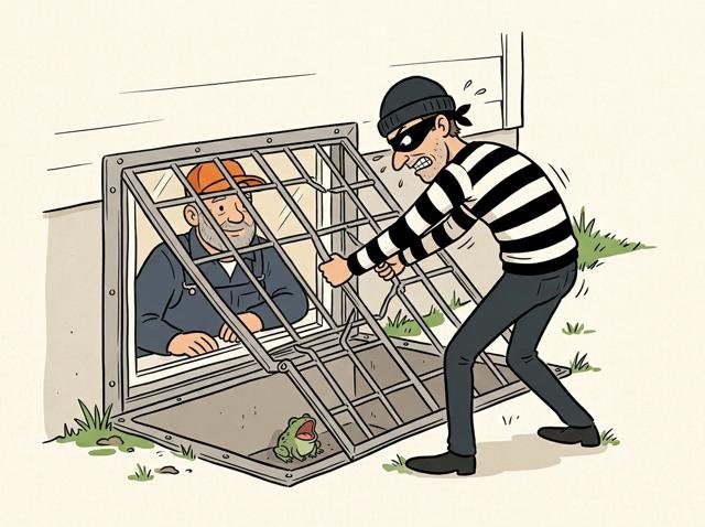 Ein schmächtiger Einbrecher mit Ringelpulli, Augenmaske und schwarzer Mütze zerrt vergeblich am gesicherten Gitterrost über dem Lichtschacht – hinter dem Kellerfenster schaut der Heimwerker gelassen zu, und unten im Schacht sitzt eine Kröte und gähnt.