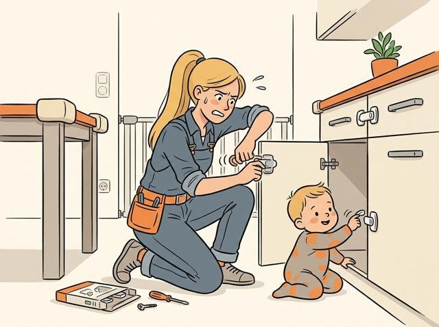 Vater hat das Haus perfekt kindersicher gemacht und kämpft verzweifelt mit einer Schranksicherung, während das Kleinkind daneben die Sicherung mit einem Handgriff öffnet.
