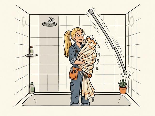 Mitten in der Dusche springt mit einem lauten ‚Boing‘ die Klemmstange heraus, und der Duschende steht plötzlich in seinen Vorhang gewickelt wie eine Mumie.