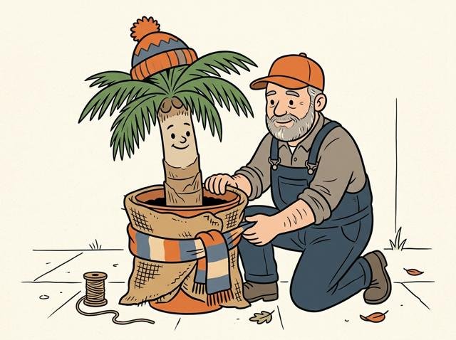 Heimwerker wickelt einen Kübel liebevoll in Jutesack und Wollschal ein – die Palme darin trägt bereits eine Bommelmütze und grinst zufrieden.