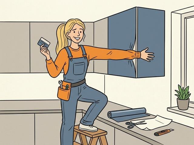 Heimwerkerin hat die Küche perfekt foliert – nur ihr eigener Pulloverärmel klebt jetzt mit am Hängeschrank, und sie lächelt tapfer weiter.