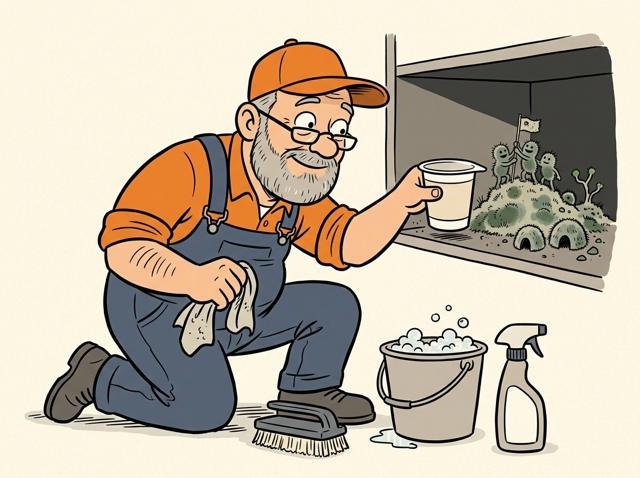 Hinter einem Joghurtbecher entdeckt jemand beim Großputz eine kleine Zivilisation aus Schimmelkulturen, die gerade eine Fahne hisst.