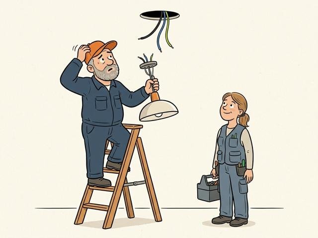 Heimwerker steht mit der neuen Designerlampe auf der Leiter und schaut ratlos auf drei Drähte aus der Decke – unten wartet schon die Elektrikerin mit Werkzeugkoffer und freundlichem Lächeln.