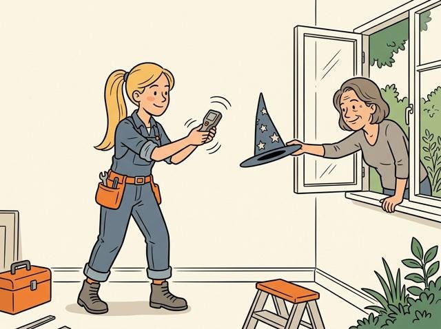 Heimwerker wedelt mit dem Leitungssucher wie mit einer Wünschelrute über die Wand, während die Nachbarin durchs Fenster schaut und ihm einen Zauberhut reicht.
