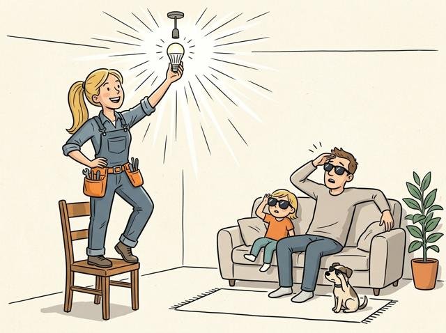 Heimwerker steht auf dem Stuhl, hält die neue LED hoch wie eine Fackel, und die ganze Familie trägt plötzlich Sonnenbrillen, weil sie viel heller ist als erwartet.