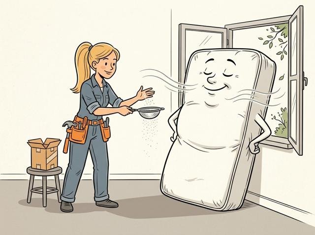 Eine Matratze steht aufrecht am offenen Fenster und atmet sichtlich erleichtert die frische Luft ein, während ihr Besitzer sie mit Natron bepudert wie einen Kuchen.