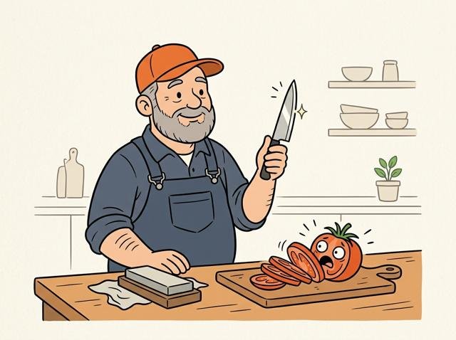 Koch hält stolz ein frisch geschärftes Messer hoch, und eine Tomate auf dem Brett hat sich vor Schreck schon von selbst in Scheiben geteilt.