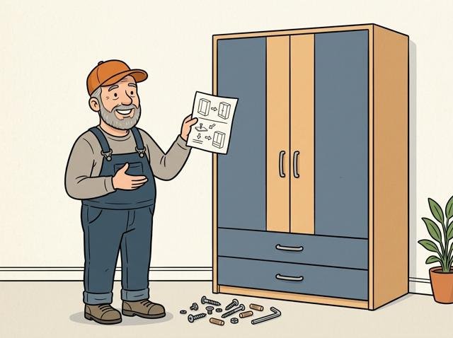 Heimwerker steht vor einem fertig aufgebauten Schrank, hält strahlend die Anleitung hoch – und neben ihm liegt ein kleines Häufchen übrig gebliebener Schrauben.