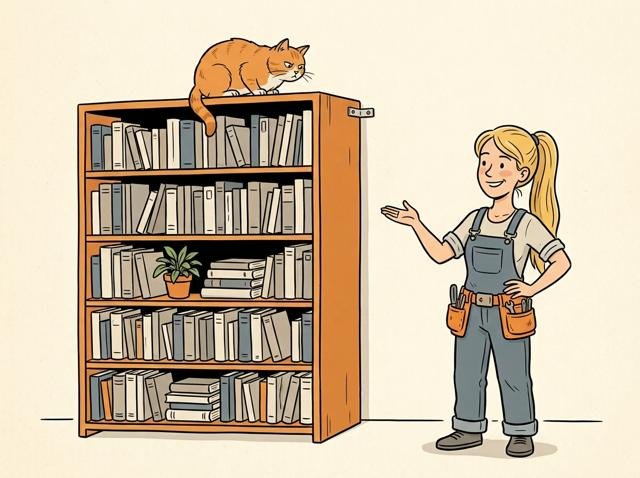 Ein Bücherregal ist mit einem winzigen Winkel an der Wand befestigt, und eine Katze auf dem obersten Brett blickt nachdenklich in die Tiefe – das Regal bleibt felsenfest stehen.