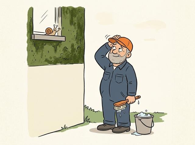Heimwerker hat die grüne Hauswand bis auf Kopfhöhe blitzsauber geschrubbt – darüber ist das Haus weiterhin grün, und eine Schnecke winkt ihm vom Fenstersims zu.