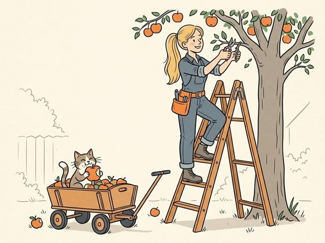 Heimwerkerin steht auf einer stabilen Obstbaumleiter und schneidet einen Ast – unten sammelt die Katze im Bollerwagen die Äpfel und hat schon einen angebissen.