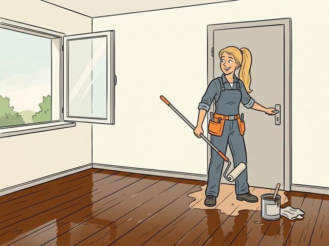 Heimwerker ölt den Boden rückwärts gehend bis zur Tür und stellt fest, dass der einzige Ausgang durch das Fenster führt.
