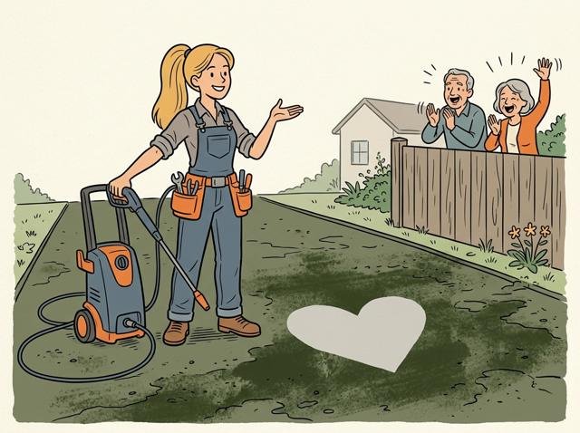 Heimwerker hat mit dem Hochdruckreiniger ein perfekt sauberes Herz in die grüne Einfahrt gestrahlt und lässt sich von den Nachbarn feiern – der Rest der Fläche ist noch komplett grün.