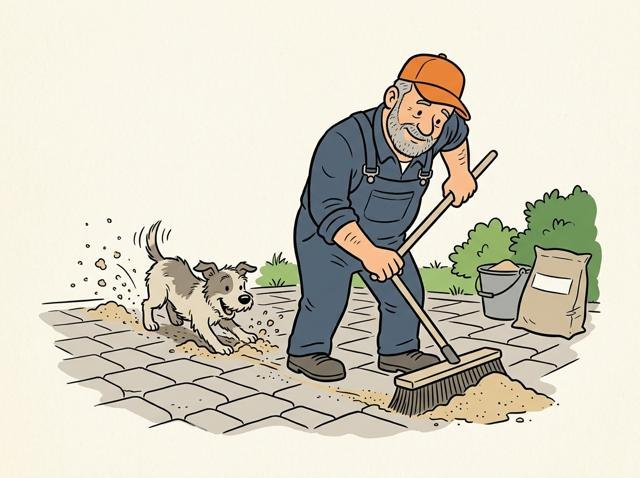 Heimwerker kehrt mit Hingabe Fugensand ein, während der Hund begeistert hinter ihm herläuft und jede gefüllte Fuge sofort wieder auskratzt.