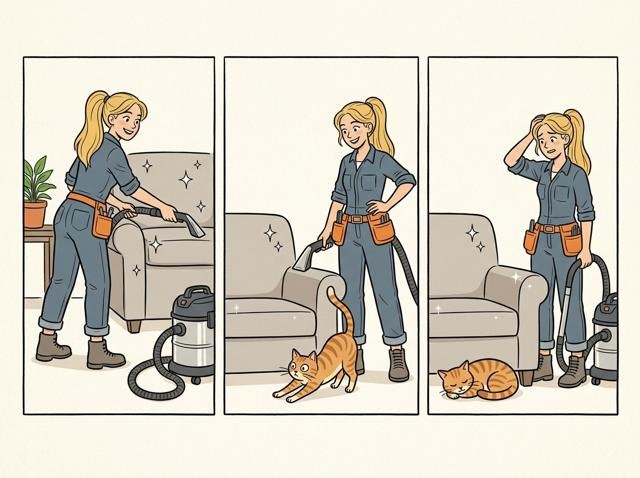 Das frisch gereinigte Sofa sieht so neu aus, dass die Katze es misstrauisch beschnüffelt und schließlich auf dem Boden davor schläft.
