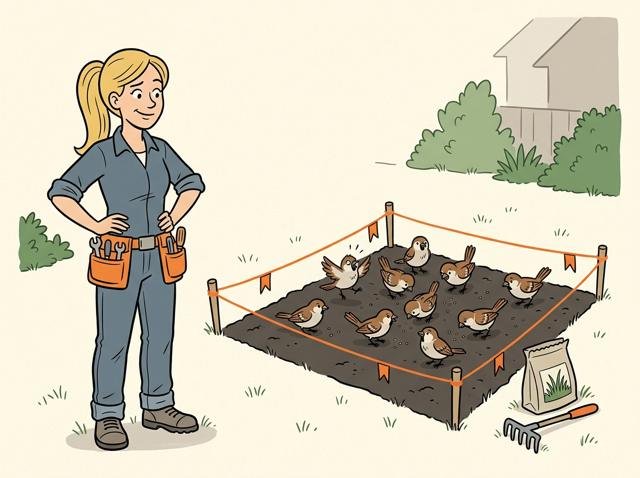 Heimwerker hat mit Schnur und Pflöcken ein perfekt eingesätes Rasenquadrat abgesperrt – mitten darauf sitzen zehn Spatzen und halten ein Festmahl.