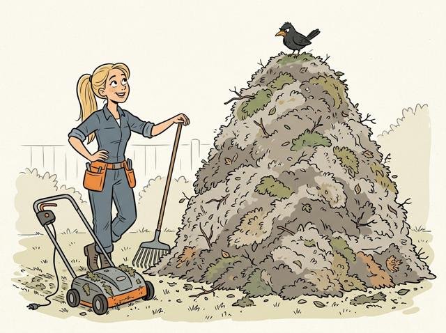 Heimwerkerin hat gerade vertikutiert und steht vor einem riesigen Berg Moos, der höher ist als sie selbst – oben drauf sitzt eine Amsel und guckt beleidigt, weil der Wurm-Buffet geschlossen ist.