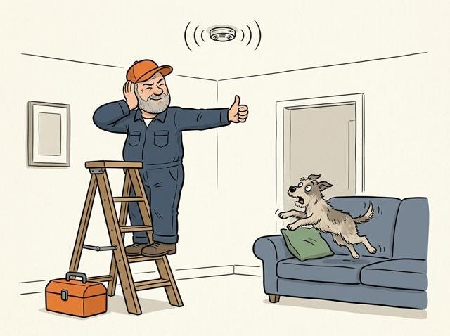 Beim ersten Testpiepen springt der Hund vor Schreck auf das Sofa, und der Heimwerker hält sich mit verzogenem Gesicht die Ohren zu – Daumen hoch von der Leiter aus.