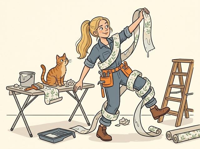 Heimwerker kämpft mit einer langen, nassen Tapetenbahn, die sich wie eine Riesenschlange um ihn gewickelt hat, während die Katze interessiert zuschaut.