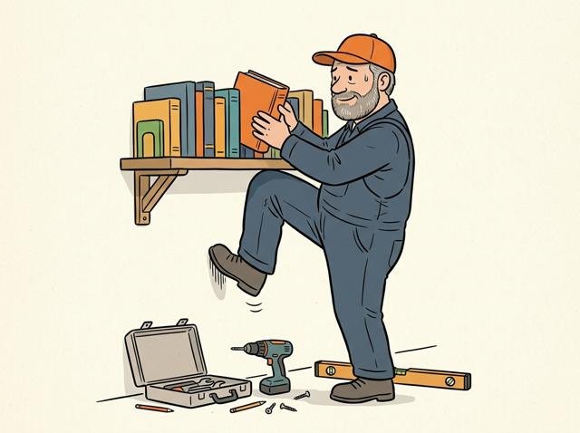 Stolzer Heimwerker stellt das letzte Buch auf das neue Wandregal – und hält dabei vorsichtshalber noch mit dem Knie das ganze Regal fest.