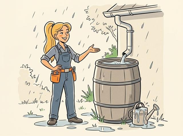 Heimwerker steht nach dem ersten Regenguss stolz neben der vollen Regentonne, während die Gießkanne daneben ganz allein im Regen steht und überläuft.