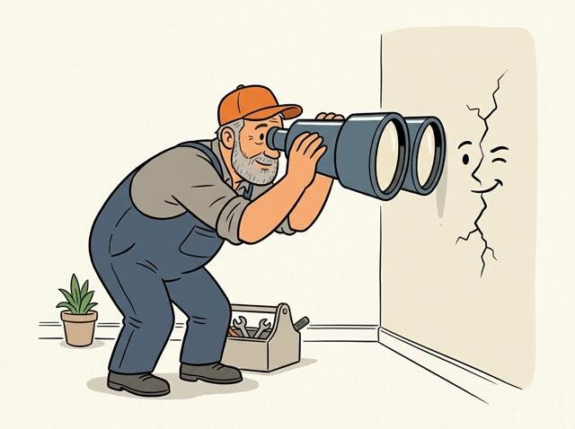 Hausbesitzer beobachtet einen Riss mit einem riesigen Fernglas aus nur zehn Zentimetern Entfernung, während der Riss ihm von der Wand aus zuzwinkert.