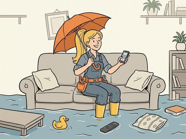 Mann sitzt mit Gummistiefeln und Regenschirm auf dem Sofa, um ihn herum schwimmen Gummiente und Fernbedienung, während er seelenruhig die Nummer des Notdienstes wählt.